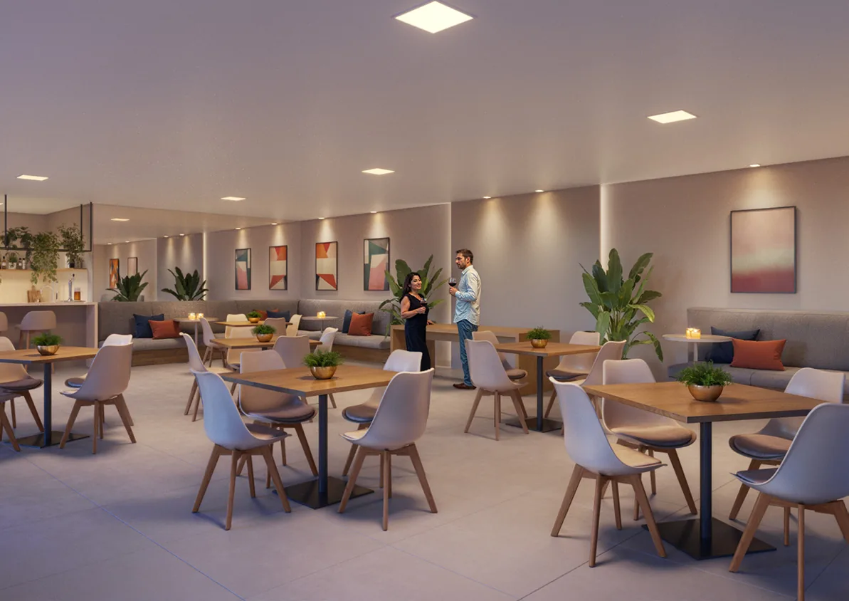 Salão de festas com coworking