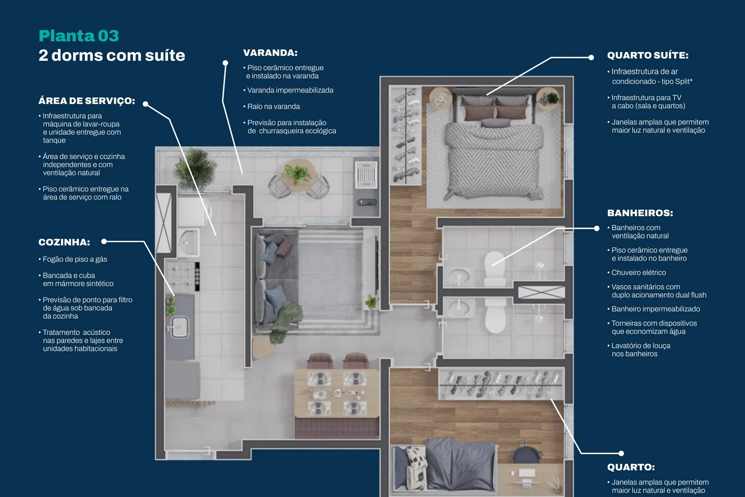Planta: 2 dormitórios com suíte